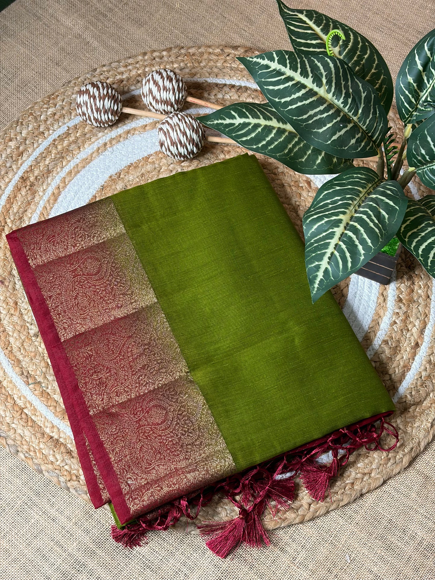 Leaf Green Semi Jute Silk Saree