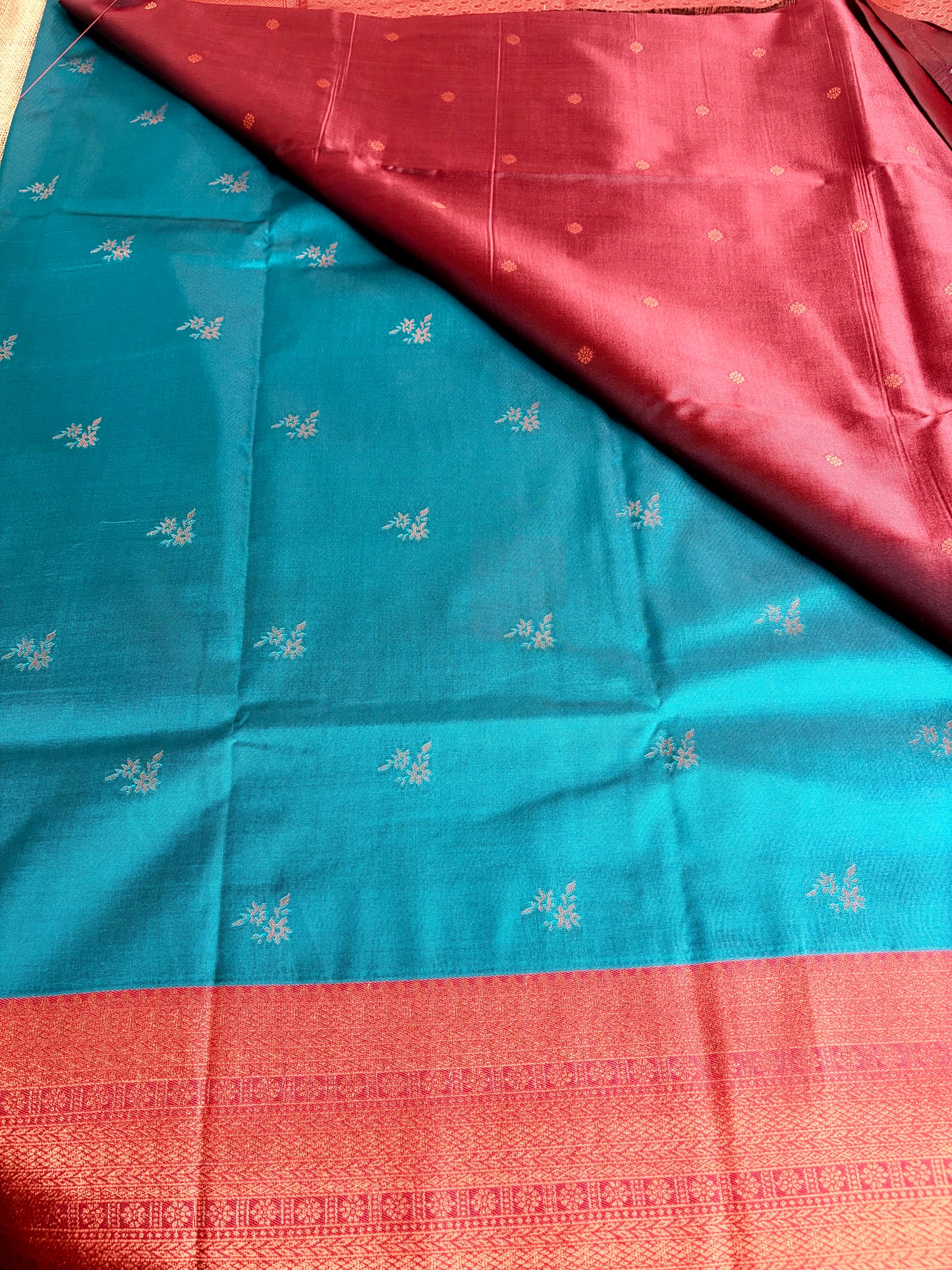 Peacock Blue Semi Silk Saree with Maroon Border