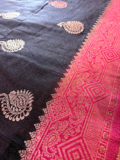 Black & Red Semi Jute Silk Saree