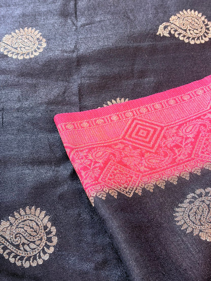 Black & Red Semi Jute Silk Saree