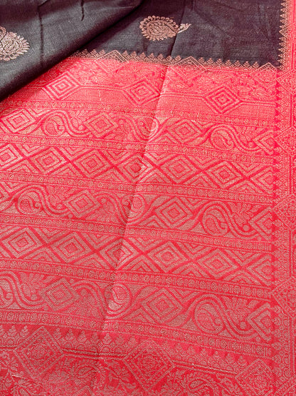 Black & Red Semi Jute Silk Saree