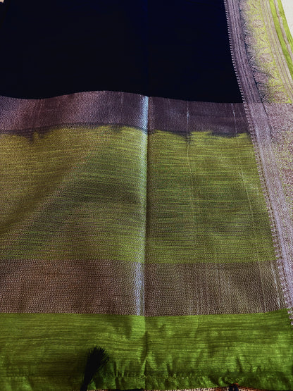 Black & Light Green Semi Jute Silk Saree