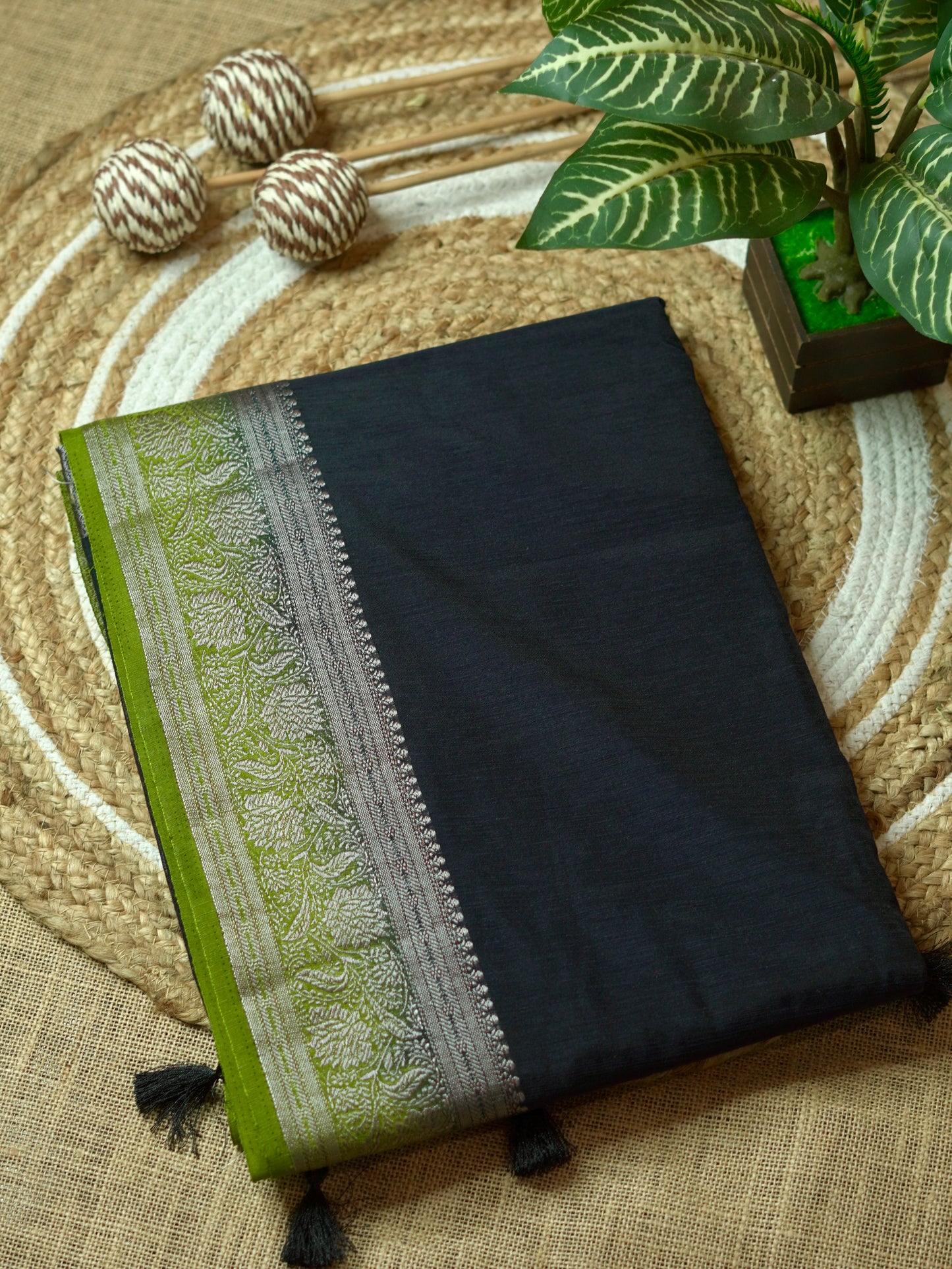 Black & Light Green Semi Jute Silk Saree