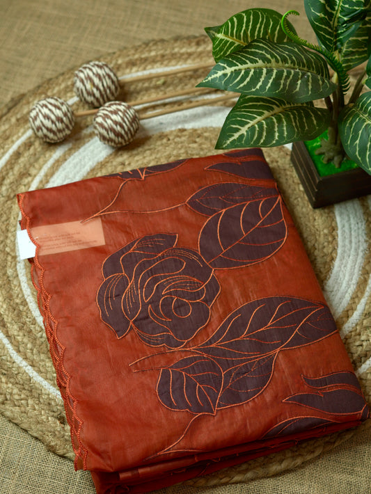 Burnt Orange & Coffee Brown Organza Saree with Appliqué Work
