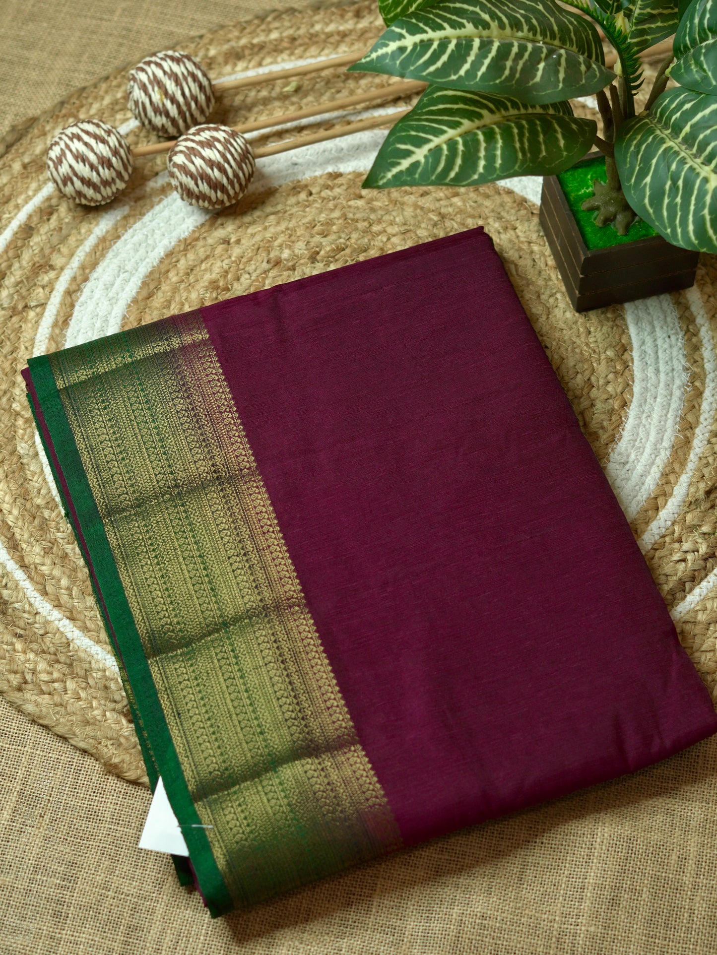 Wine & Green Semi Jute Silk Saree