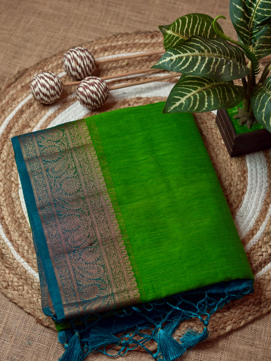Parrot Green Semi Jute Silk Saree