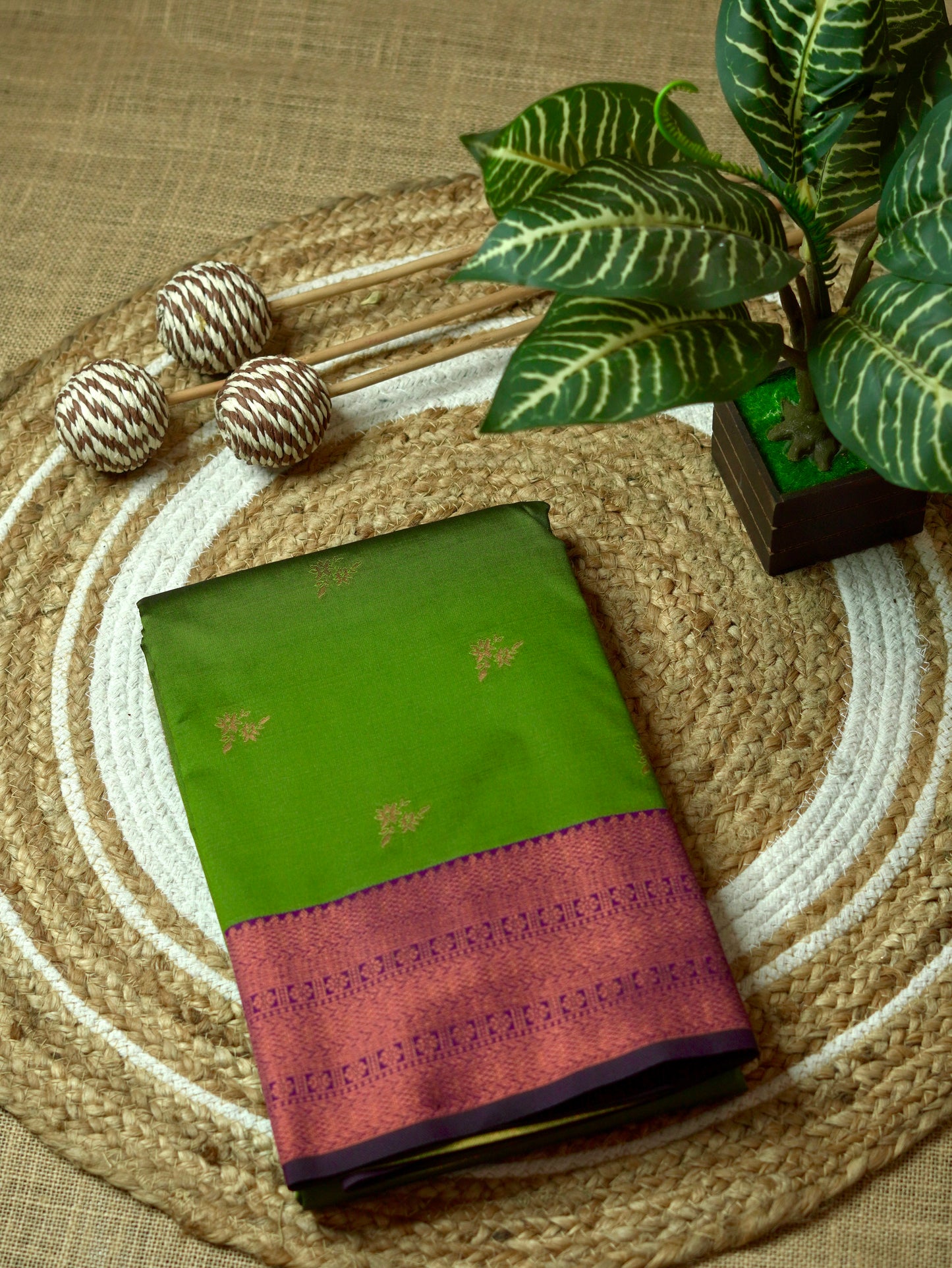 Green Semi Silk Saree with Purple Border