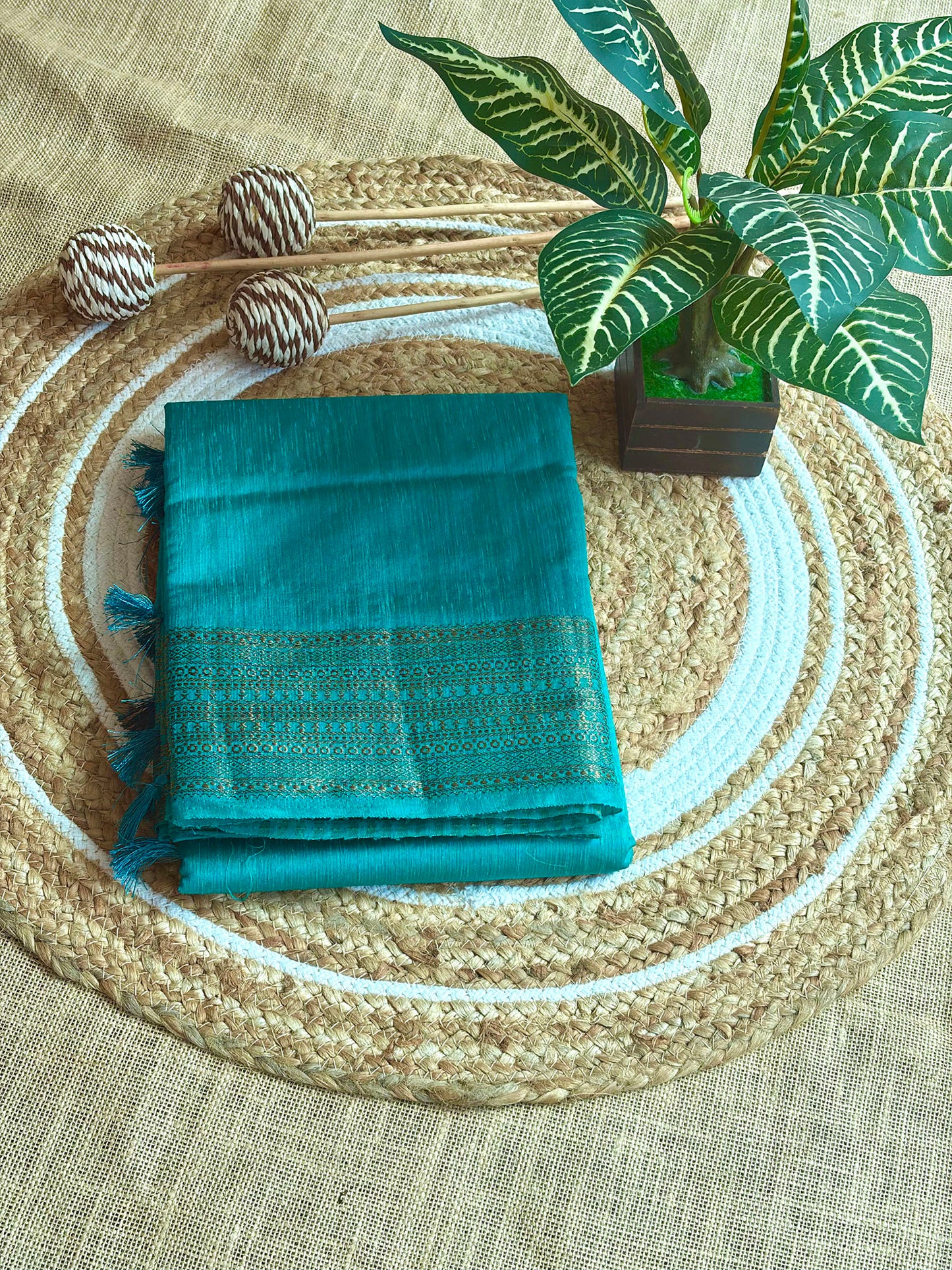 Peacock Blue Semi Jute Silk Saree