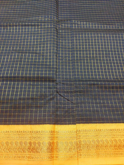Black checked Kalyani cotton sarees with a yellow border