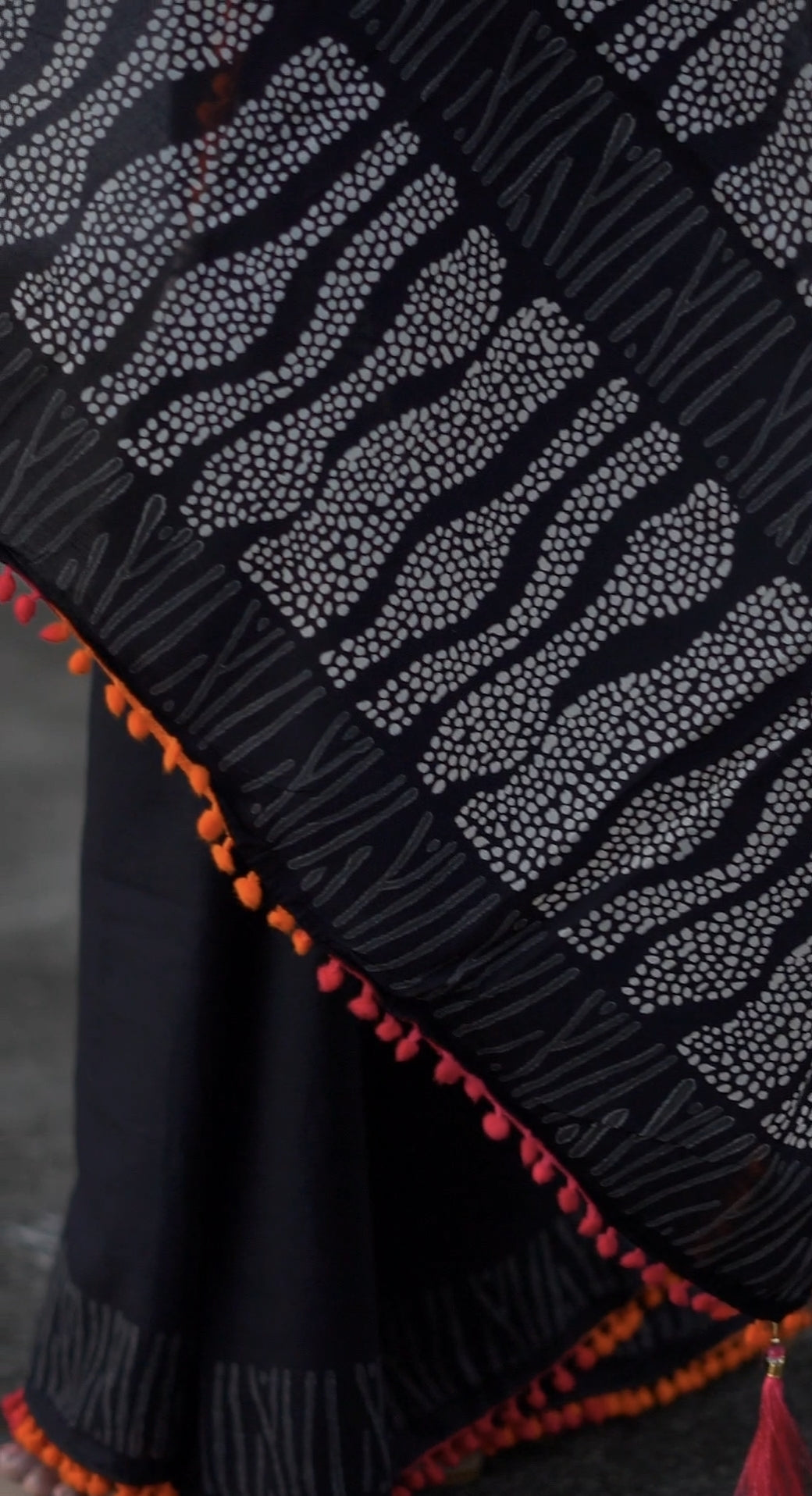 Black Cotton Saree with Pom Pom Detailing