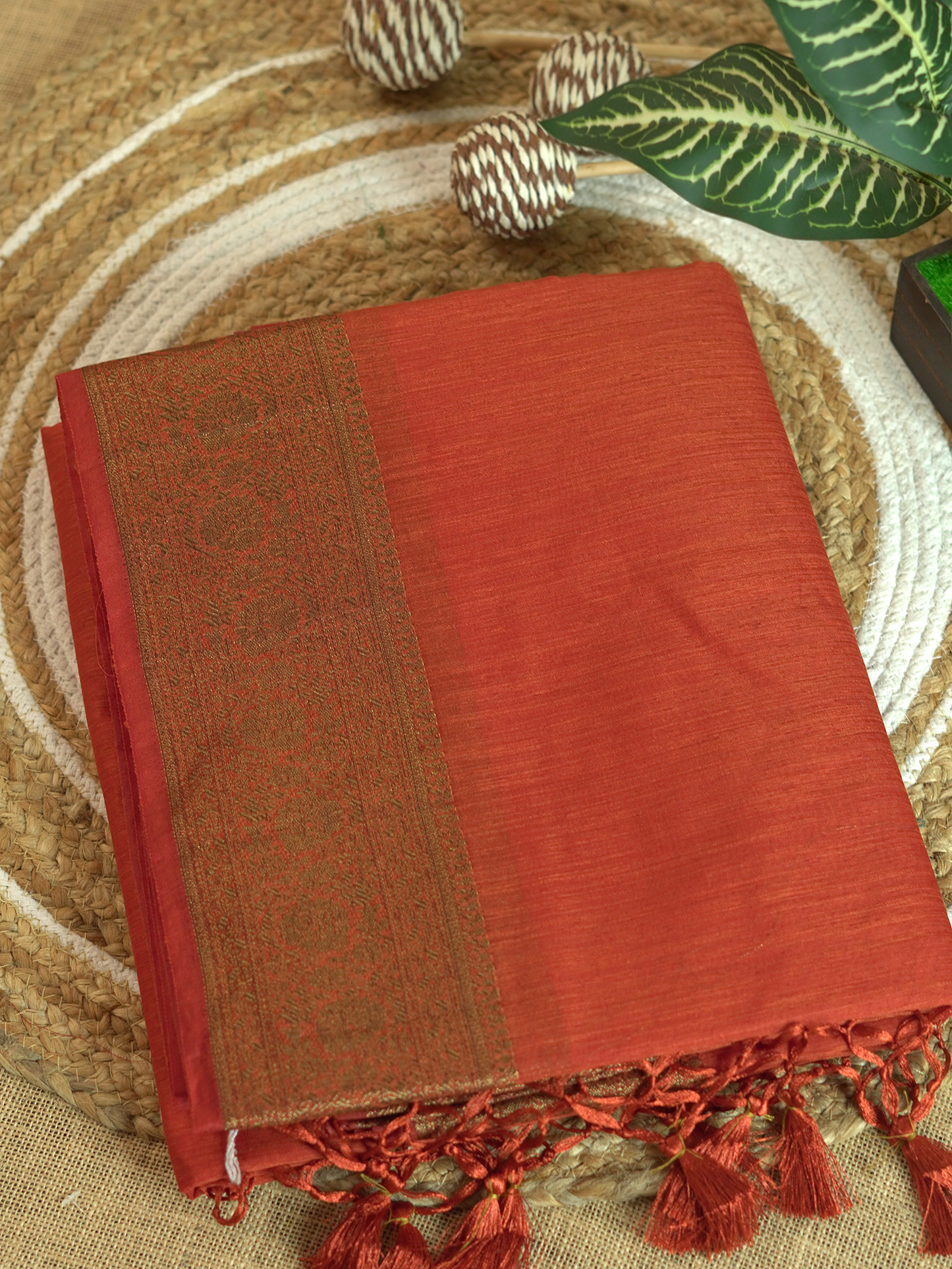 Burnt Orange Semi Jute Silk Saree