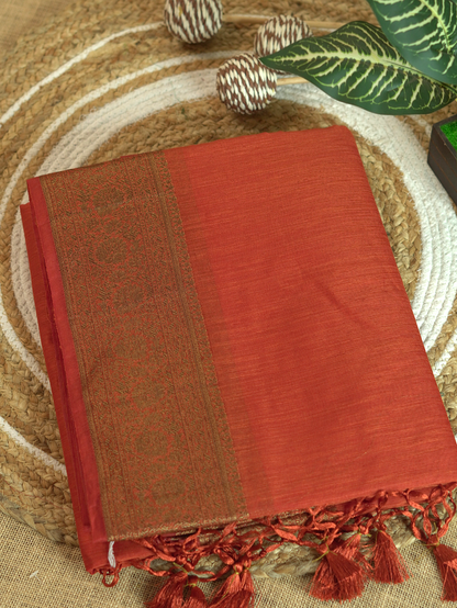 Burnt Orange Semi Jute Silk Saree