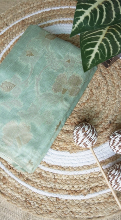 Premium Tussar Silk Pastel Green Saree with Golden Zari